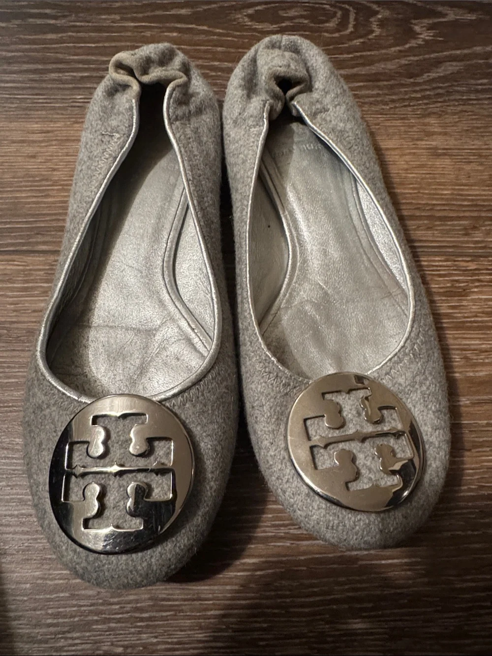 Tory Burch Grey Wool Logo Medallion Ballet Flats